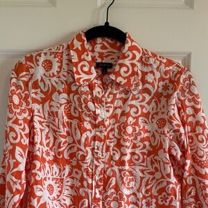 100% Linen Talbots Orange and White Floral Button-Up Shirt Size Small